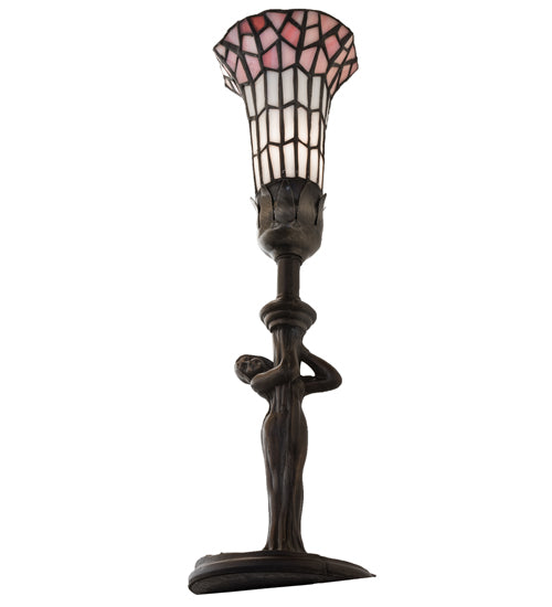 Meyda Lighting Stained Glass Pond Lily 259397 15" Mahogany Bronze Nouveau Lady Accent Table Lamp With Pink & White Art Shade Glass