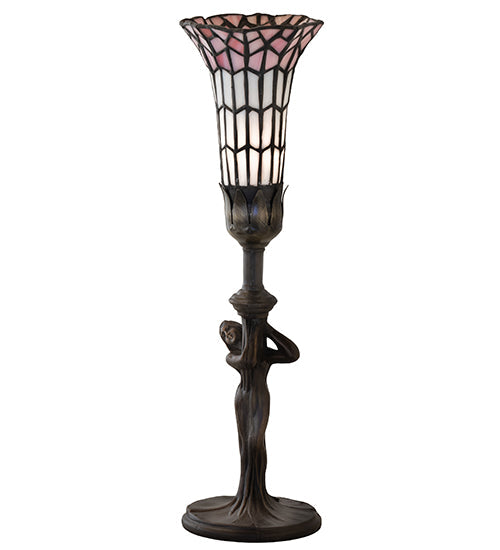 Meyda Lighting Stained Glass Pond Lily 259397 15" Mahogany Bronze Nouveau Lady Accent Table Lamp With Pink & White Art Shade Glass