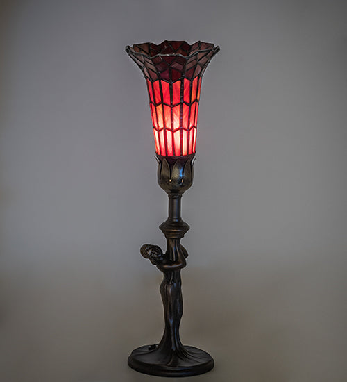 Meyda Lighting Stained Glass Pond Lily 259398 15" Mahogany Bronze Nouveau Lady Accent Table Lamp With Red Art Shade Glass