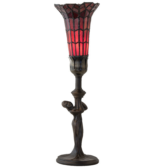 Meyda Lighting Stained Glass Pond Lily 259398 15" Mahogany Bronze Nouveau Lady Accent Table Lamp With Red Art Shade Glass