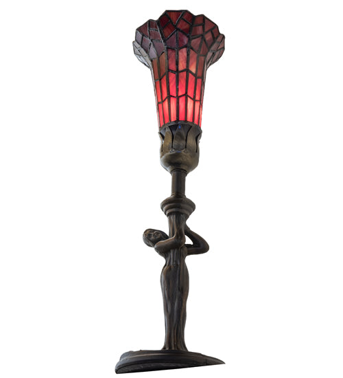 Meyda Lighting Stained Glass Pond Lily 259398 15" Mahogany Bronze Nouveau Lady Accent Table Lamp With Red Art Shade Glass