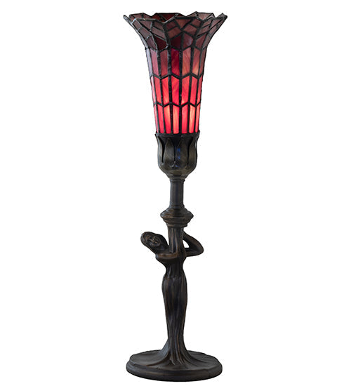 Meyda Lighting Stained Glass Pond Lily 259398 15" Mahogany Bronze Nouveau Lady Accent Table Lamp With Red Art Shade Glass