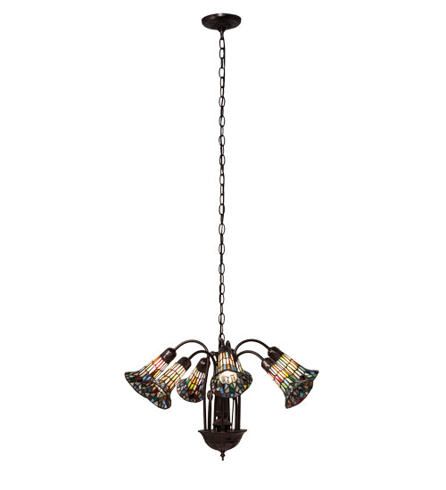 Meyda Lighting Stained Glass Pond Lily 26" 7-Light Mahogany Bronze Chandelier With Multi-Colored Shade Glass