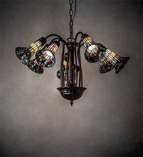 Meyda Lighting Stained Glass Pond Lily 26" 7-Light Mahogany Bronze Chandelier With Multi-Colored Shade Glass
