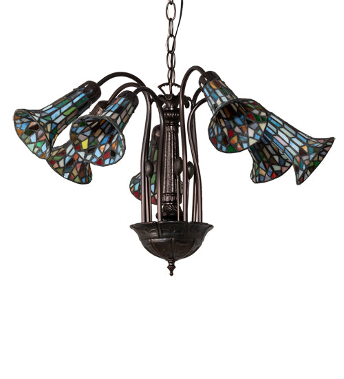 Meyda Lighting Stained Glass Pond Lily 26" 7-Light Mahogany Bronze Chandelier With Multi-Colored Shade Glass