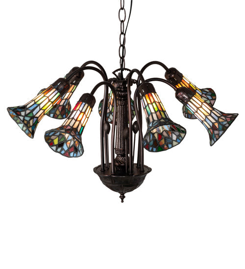 Meyda Lighting Stained Glass Pond Lily 26" 7-Light Mahogany Bronze Chandelier With Multi-Colored Shade Glass