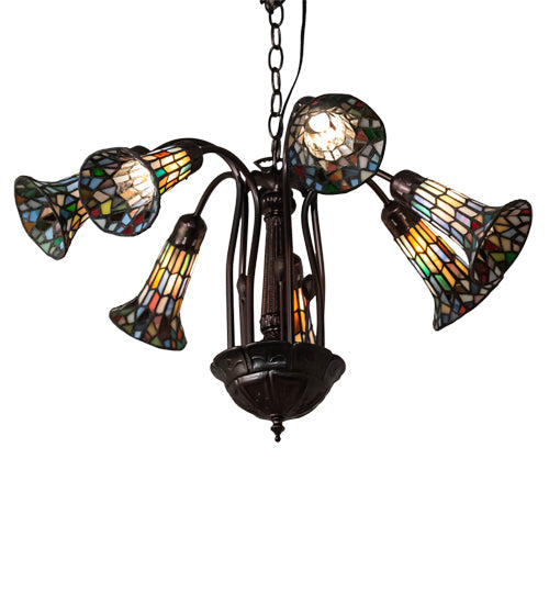 Meyda Lighting Stained Glass Pond Lily 26" 7-Light Mahogany Bronze Chandelier With Multi-Colored Shade Glass