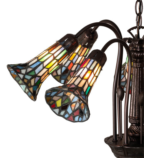 Meyda Lighting Stained Glass Pond Lily 26" 7-Light Mahogany Bronze Chandelier With Multi-Colored Shade Glass