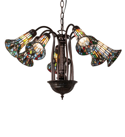Meyda Lighting Stained Glass Pond Lily 26" 7-Light Mahogany Bronze Chandelier With Multi-Colored Shade Glass