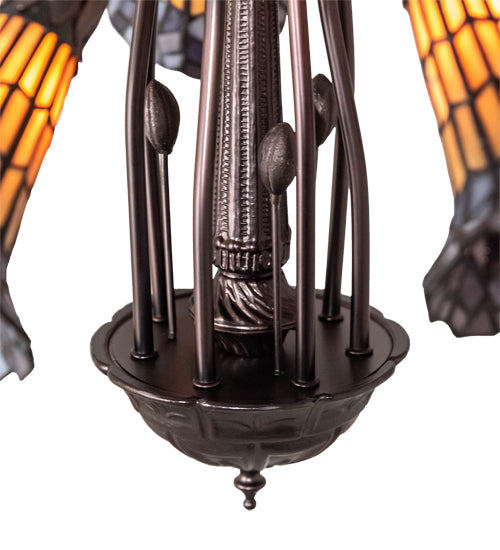 Meyda Lighting Stained Glass Pond Lily 26" 7-Light Mahogany Bronze Chandelier With Orange & Violet Shade Glass