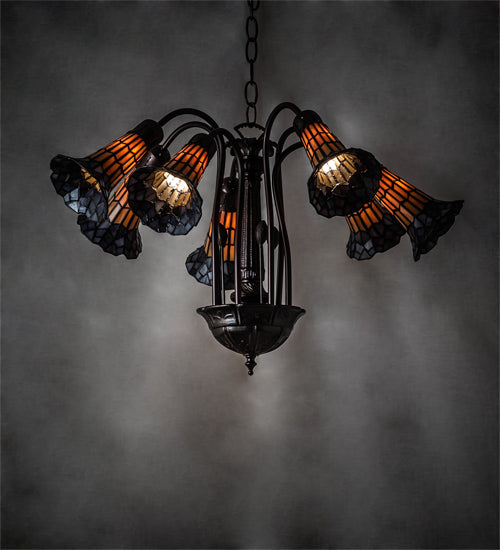 Meyda Lighting Stained Glass Pond Lily 26" 7-Light Mahogany Bronze Chandelier With Orange & Violet Shade Glass
