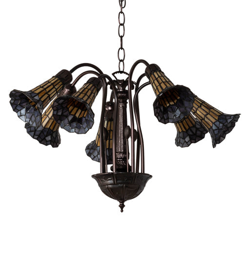 Meyda Lighting Stained Glass Pond Lily 26" 7-Light Mahogany Bronze Chandelier With Orange & Violet Shade Glass