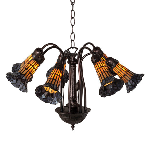 Meyda Lighting Stained Glass Pond Lily 26" 7-Light Mahogany Bronze Chandelier With Orange & Violet Shade Glass