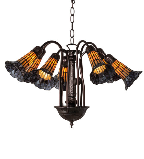 Meyda Lighting Stained Glass Pond Lily 26" 7-Light Mahogany Bronze Chandelier With Orange & Violet Shade Glass