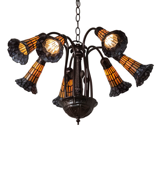 Meyda Lighting Stained Glass Pond Lily 26" 7-Light Mahogany Bronze Chandelier With Orange & Violet Shade Glass