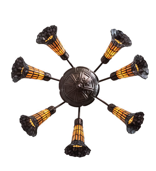 Meyda Lighting Stained Glass Pond Lily 26" 7-Light Mahogany Bronze Chandelier With Orange & Violet Shade Glass
