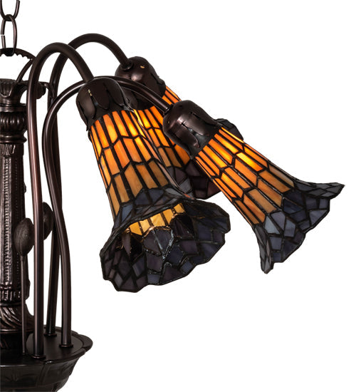 Meyda Lighting Stained Glass Pond Lily 26" 7-Light Mahogany Bronze Chandelier With Orange & Violet Shade Glass