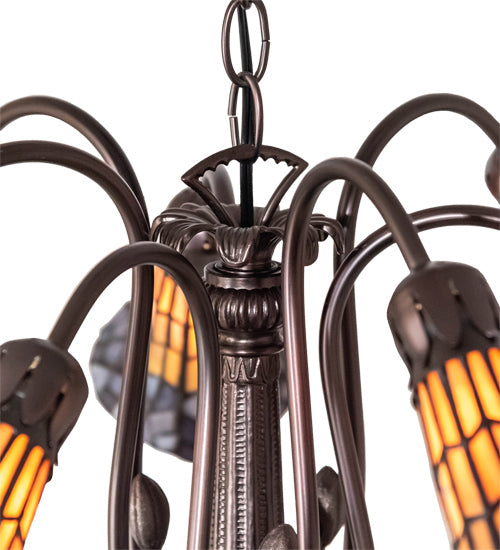 Meyda Lighting Stained Glass Pond Lily 26" 7-Light Mahogany Bronze Chandelier With Orange & Violet Shade Glass