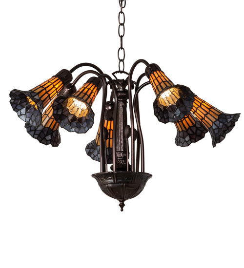 Meyda Lighting Stained Glass Pond Lily 26" 7-Light Mahogany Bronze Chandelier With Orange & Violet Shade Glass