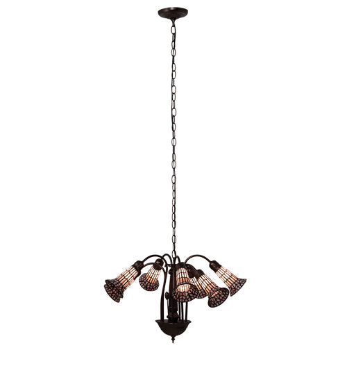 Meyda Lighting Stained Glass Pond Lily 26" 7-Light Mahogany Bronze Chandelier With Pink & White Shade Glass