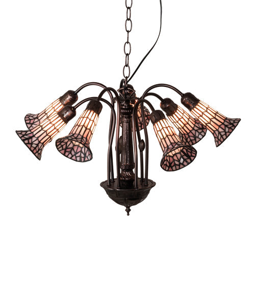 Meyda Lighting Stained Glass Pond Lily 26" 7-Light Mahogany Bronze Chandelier With Pink & White Shade Glass