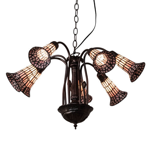Meyda Lighting Stained Glass Pond Lily 26" 7-Light Mahogany Bronze Chandelier With Pink & White Shade Glass