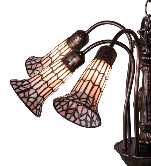 Meyda Lighting Stained Glass Pond Lily 26" 7-Light Mahogany Bronze Chandelier With Pink & White Shade Glass
