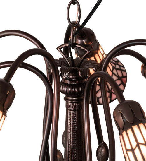Meyda Lighting Stained Glass Pond Lily 26" 7-Light Mahogany Bronze Chandelier With Pink & White Shade Glass