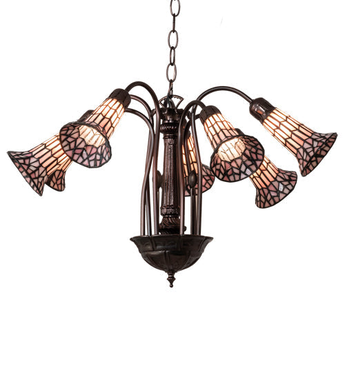 Meyda Lighting Stained Glass Pond Lily 26" 7-Light Mahogany Bronze Chandelier With Pink & White Shade Glass
