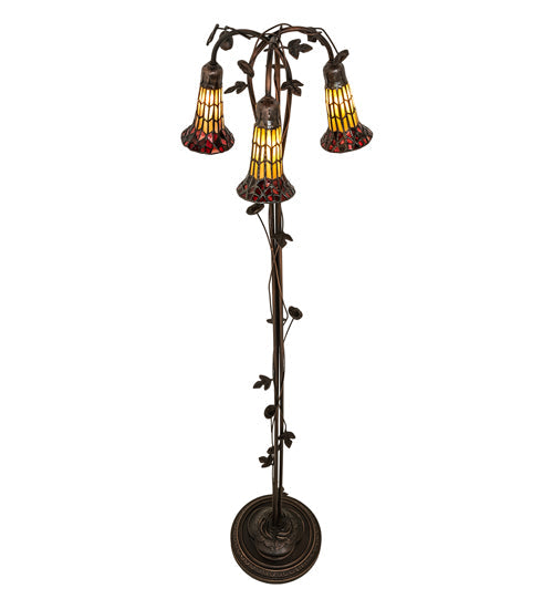 Meyda Lighting Stained Glass Pond Lily 58" 3-Light Mahogany Bronze Floor Lamp With Red & Honey Shade Glass