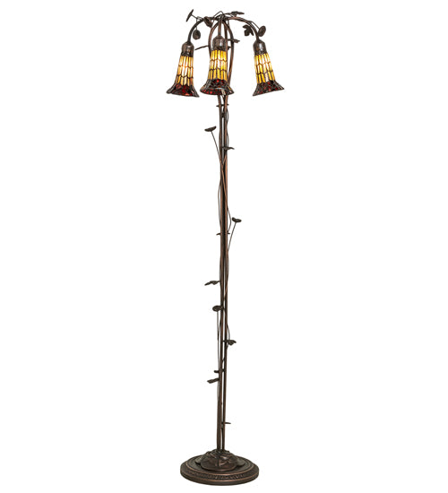 Meyda Lighting Stained Glass Pond Lily 58" 3-Light Mahogany Bronze Floor Lamp With Red & Honey Shade Glass