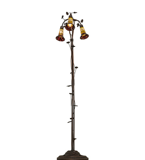 Meyda Lighting Stained Glass Pond Lily 58" 3-Light Mahogany Bronze Floor Lamp With Red & Honey Shade Glass