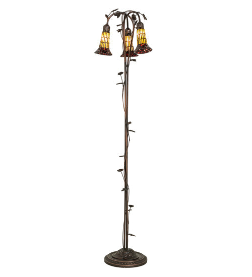 Meyda Lighting Stained Glass Pond Lily 58" 3-Light Mahogany Bronze Floor Lamp With Red & Honey Shade Glass