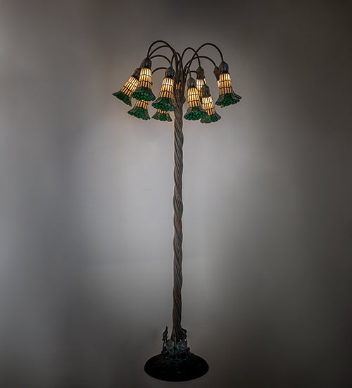 Meyda Lighting Stained Glass Pond Lily 61" 12-Light Bronze Floor Lamp With Amber & Green Shade Glass