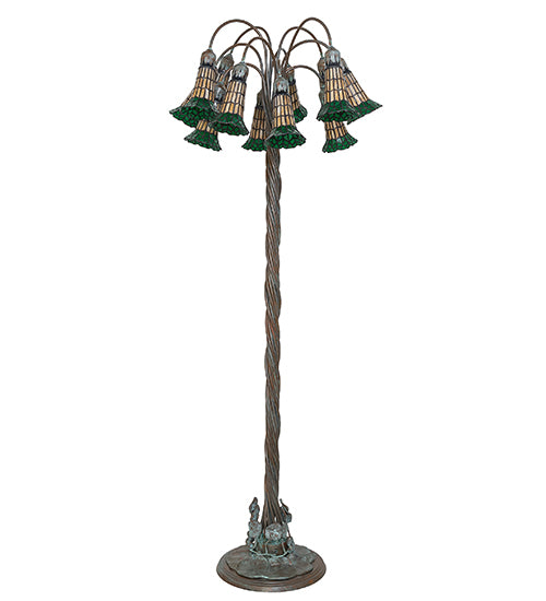 Meyda Lighting Stained Glass Pond Lily 61" 12-Light Bronze Floor Lamp With Amber & Green Shade Glass