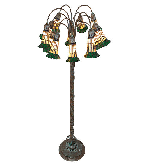 Meyda Lighting Stained Glass Pond Lily 61" 12-Light Bronze Floor Lamp With Amber & Green Shade Glass