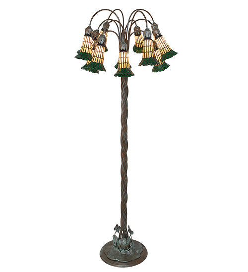 Meyda Lighting Stained Glass Pond Lily 61" 12-Light Bronze Floor Lamp With Amber & Green Shade Glass