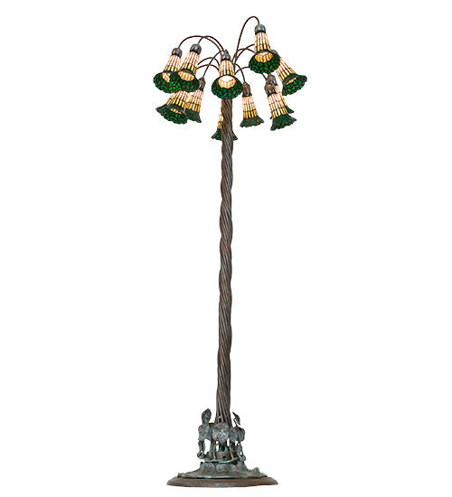 Meyda Lighting Stained Glass Pond Lily 61" 12-Light Bronze Floor Lamp With Amber & Green Shade Glass