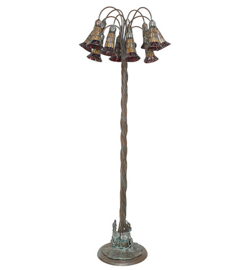 Meyda Lighting Stained Glass Pond Lily 61" 12-Light Bronze Floor Lamp With Yellow & Red Shade Glass