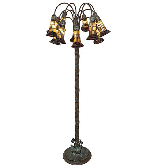 Meyda Lighting Stained Glass Pond Lily 61" 12-Light Bronze Floor Lamp With Yellow & Red Shade Glass