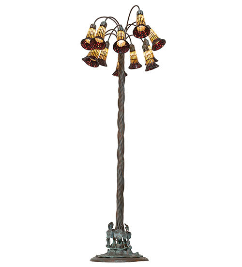 Meyda Lighting Stained Glass Pond Lily 61" 12-Light Bronze Floor Lamp With Yellow & Red Shade Glass