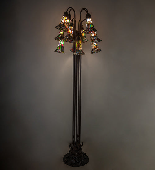 Meyda Lighting Stained Glass Pond Lily 63" 12-Light Mahogany Bronze Floor Lamp With Multi-Colored Tiffany Shade Glass