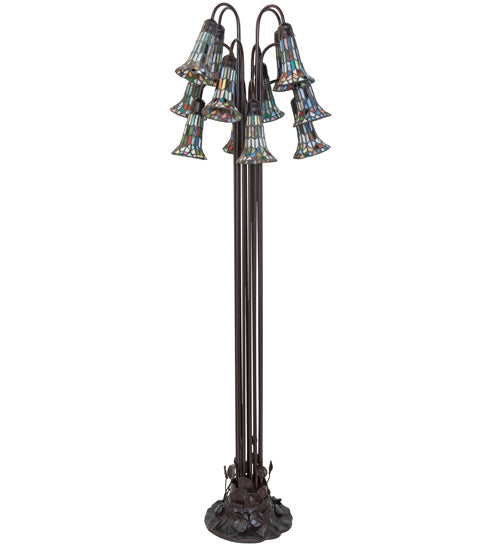 Meyda Lighting Stained Glass Pond Lily 63" 12-Light Mahogany Bronze Floor Lamp With Multi-Colored Tiffany Shade Glass