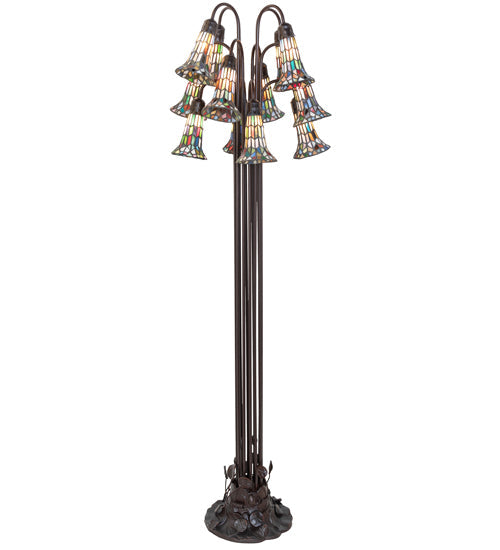 Meyda Lighting Stained Glass Pond Lily 63" 12-Light Mahogany Bronze Floor Lamp With Multi-Colored Tiffany Shade Glass