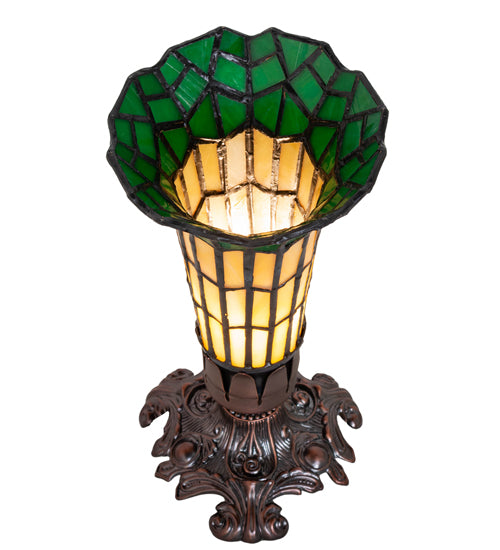 Meyda Lighting Stained Glass Pond Lily 8" Mahogany Bronze Victorian Accent Table Lamp With Amber & Green Shade Glass