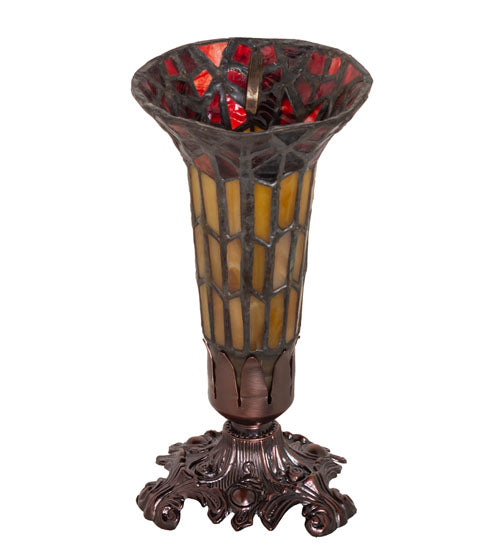Meyda Lighting Stained Glass Pond Lily 8" Mahogany Bronze Victorian Accent Table Lamp With Red & Yellow Shade Glass