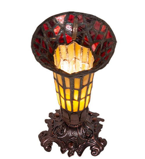 Meyda Lighting Stained Glass Pond Lily 8" Mahogany Bronze Victorian Accent Table Lamp With Red & Yellow Shade Glass