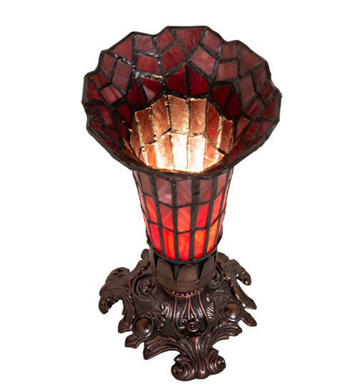 Meyda Lighting Stained Glass Pond Lily 8" Mahogany Bronze Victorian Accent Table Lamp With Ruby Shade Glass