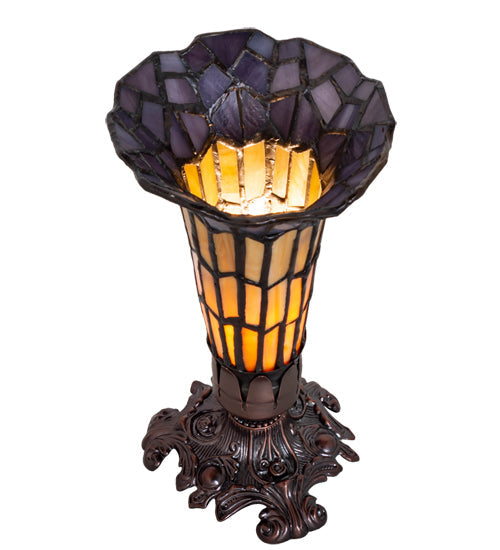 Meyda Lighting Stained Glass Pond Lily 8" Mahogany Bronze Victorian Accent Table Lamp With Yellow & Violet Shade Glass