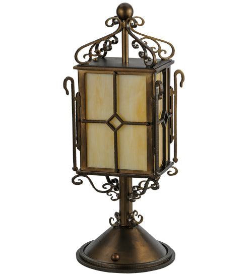 Meyda Lighting Standford 19" Antique Copper Tabletop Lantern Lamp With Beige Shade Glass